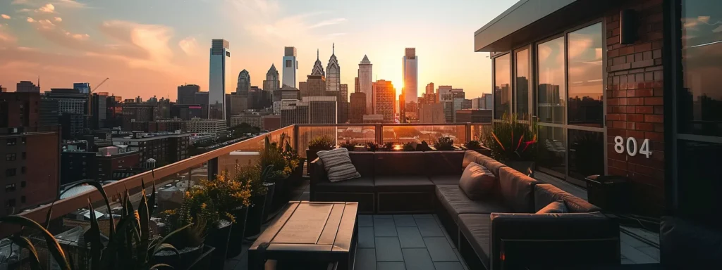 a sleek, modern rooftop deck overlooking a city skyline with stylish outdoor furniture and lush greenery.