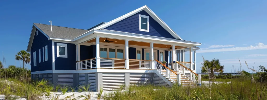 a modern beach house with a sleek navy blue exterior contrasting against crisp white trim under a bright, sunny sky.