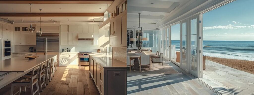 a beautifully designed luxury kitchen showcases sleek, modern cabinetry and high-end appliances, all set against a backdrop of stunning coastal-inspired decor, emphasizing elegance and sophistication in a beach home setting in lewes, delaware.