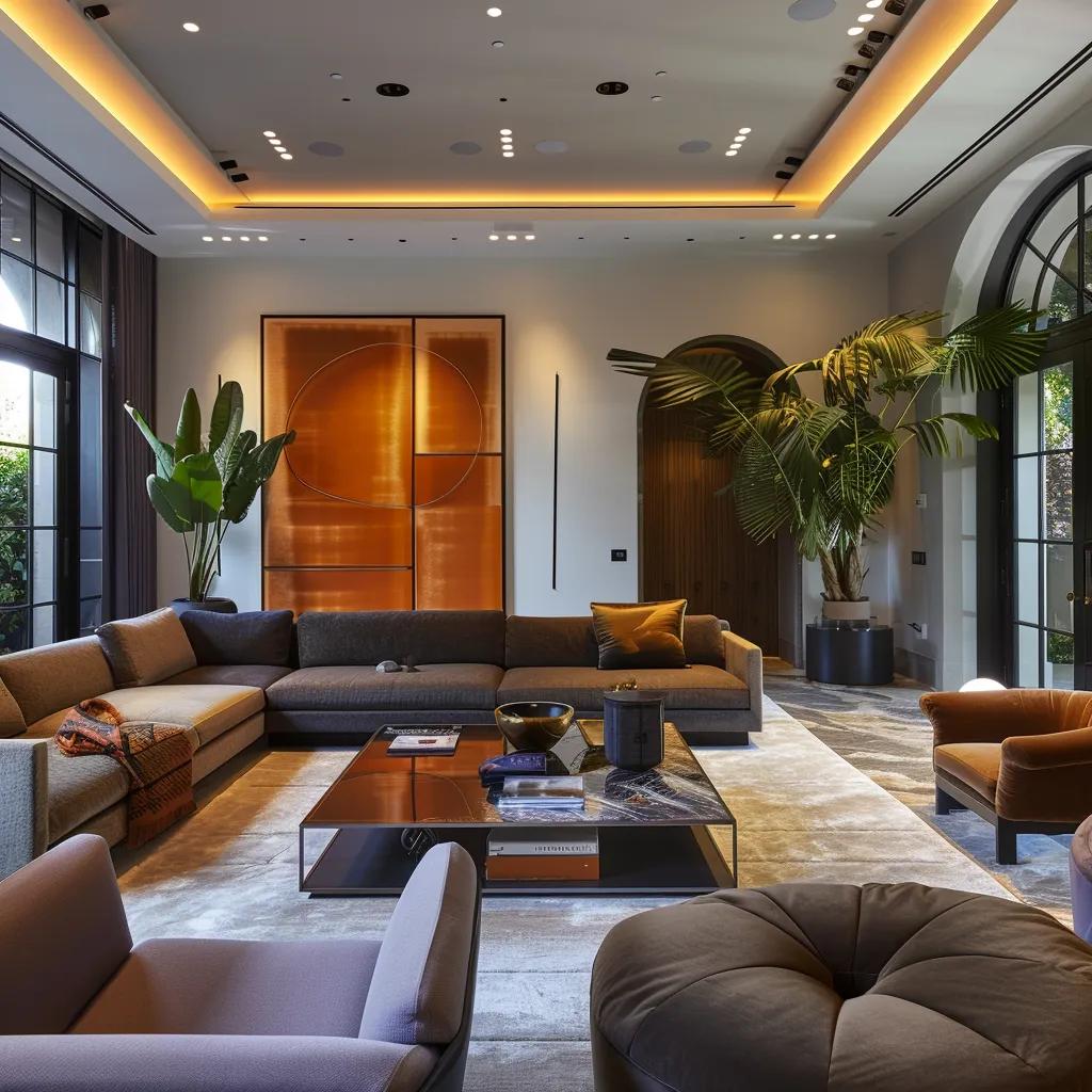 an elegantly designed modern living room showcases innovative renovation ideas, featuring sleek furniture, bold color contrasts, and striking decorative elements that transform the space into a stylish and inviting environment.